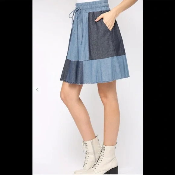 Denim color block, drawstring tie skirt - Picture 3 of 6